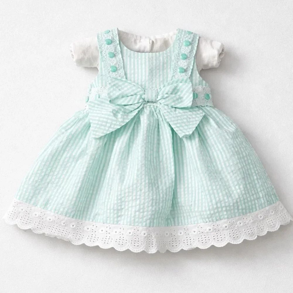 Rare Editions Mint green & white stripe seersucker dress with eyelet and bow 6-9